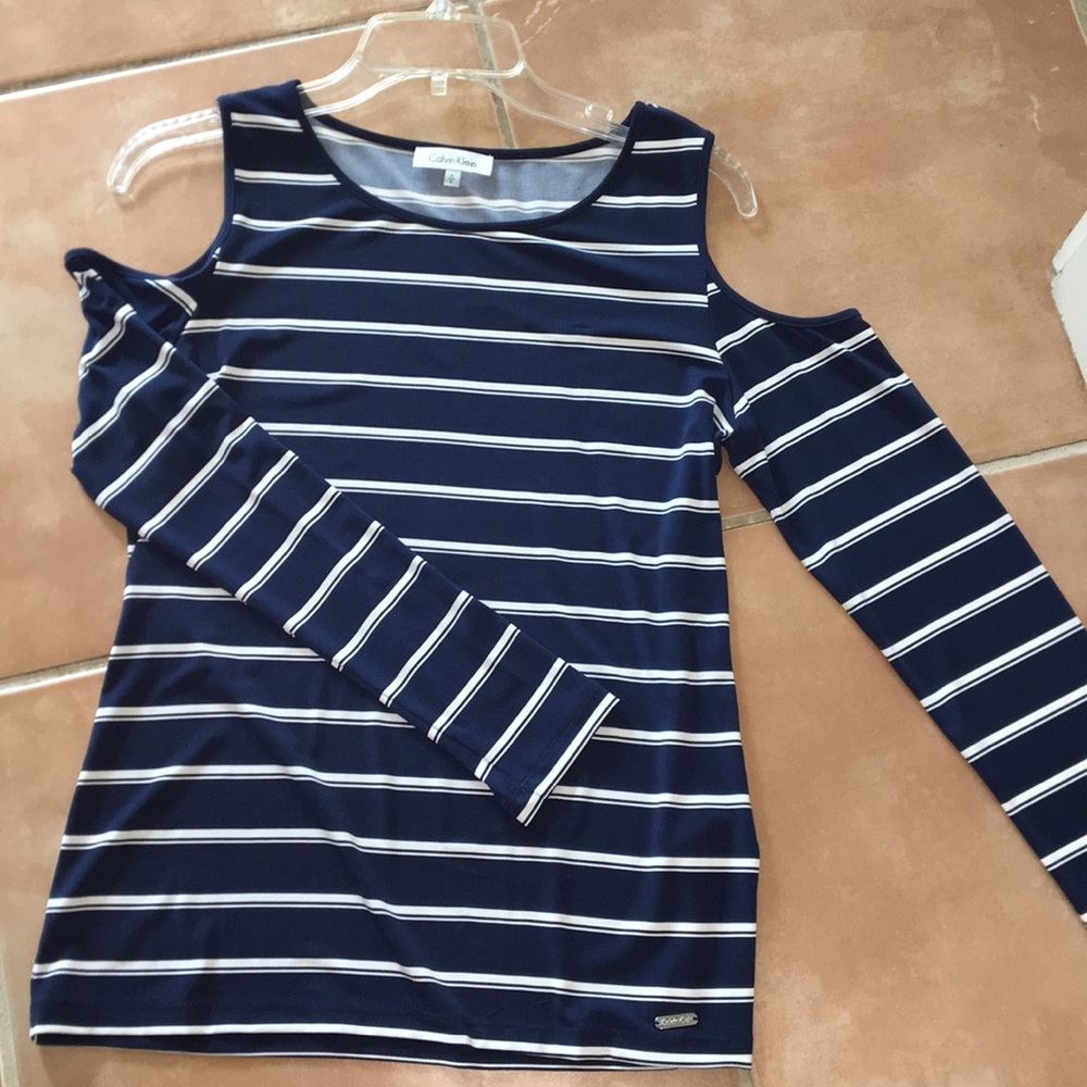 Navy blue and white striped cut out long sleeve